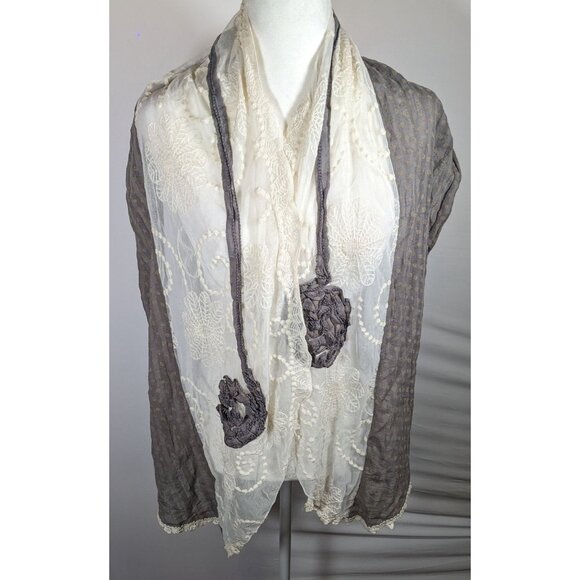 Vintage Floral Embroidered Lace Grey And White Scarf - Picture 4 of 6